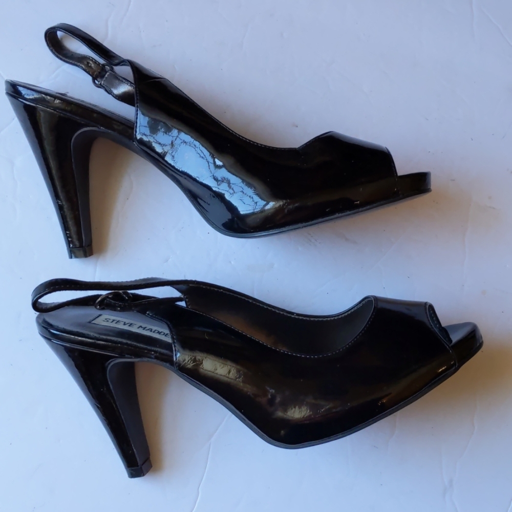 Steve Madden Black Patent Peep-Toe Slingback Heels - Picture 4 of 7
